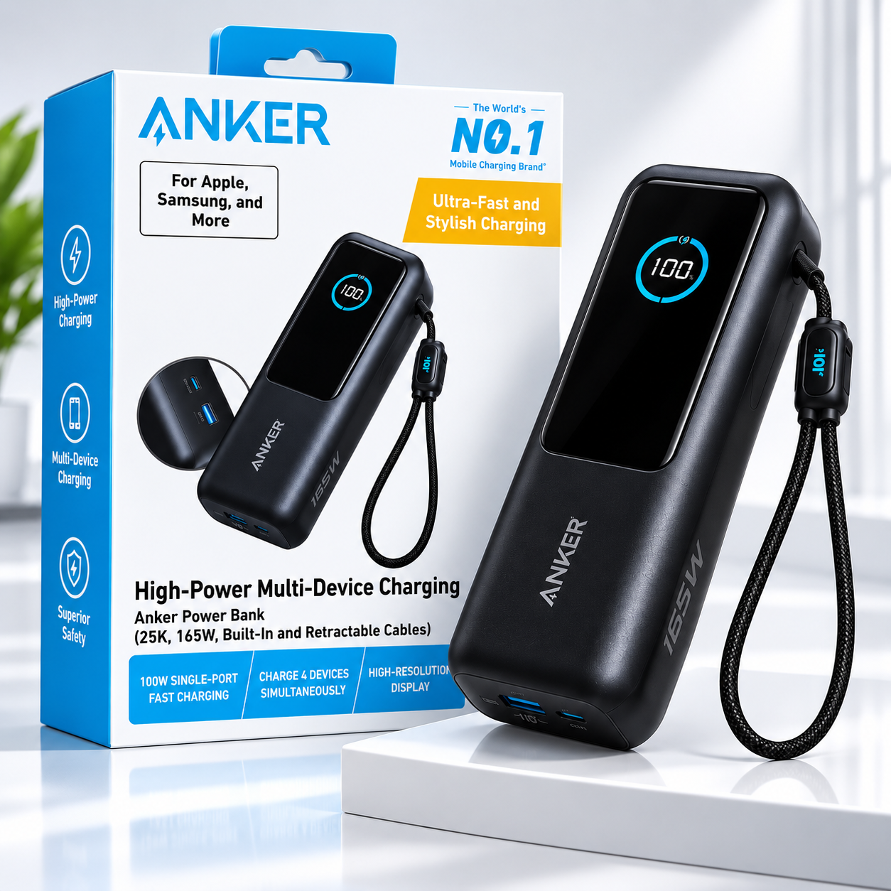 Anker Power Bank 25K – 165W – câbles intégrés et rétractables
