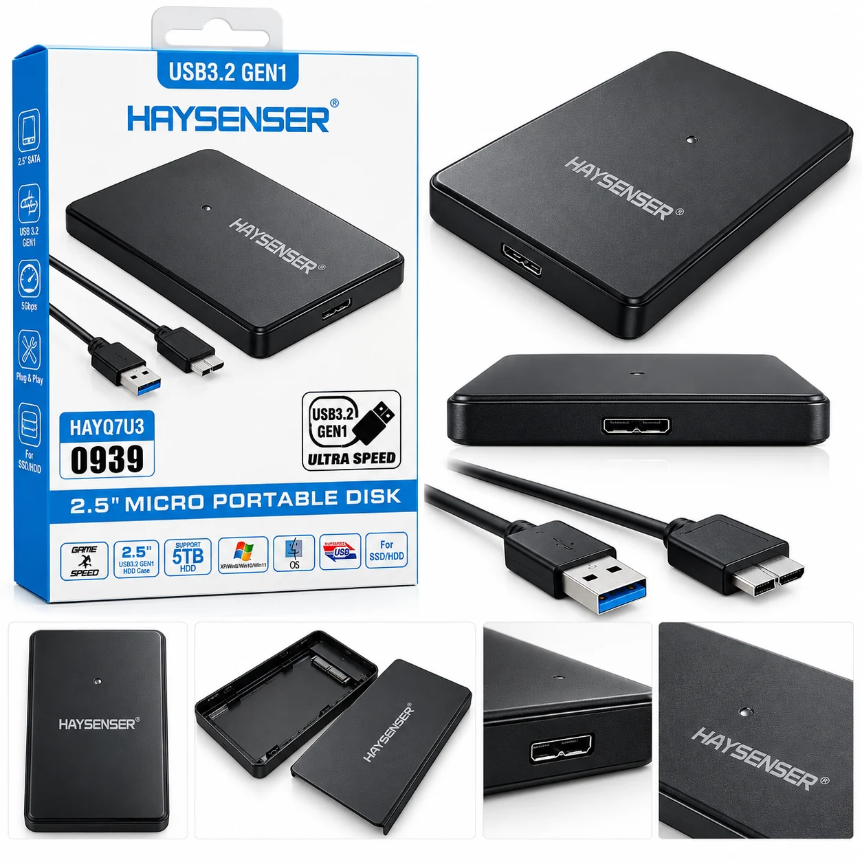 Boîtier HDD SSD 2.5" USB 3.2 Gen1 5Gbps HAYSENSER