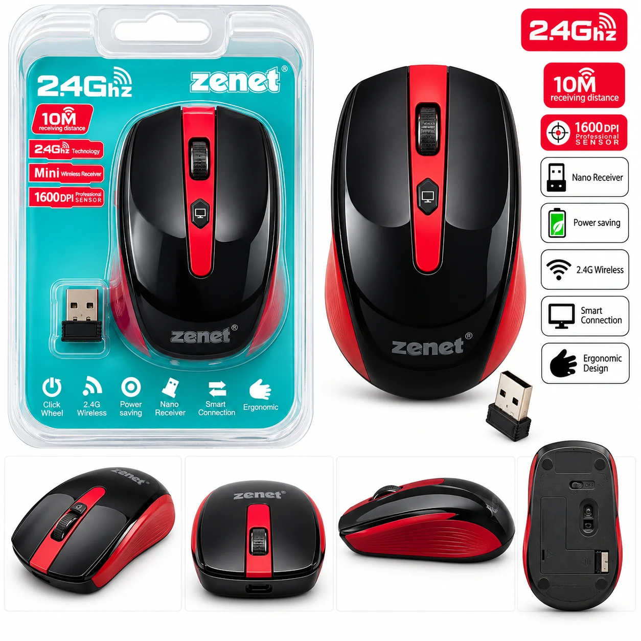 Souris Sans Fil Zenet 2.4GHz 1600 DPI avec Nano Récepteur USB